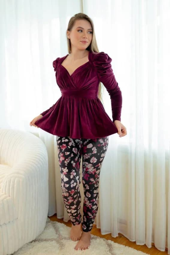Floral Leggings with Velvet Puff Sleeve Top