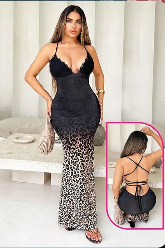 Leopard Pattern Backless Maxi Dress