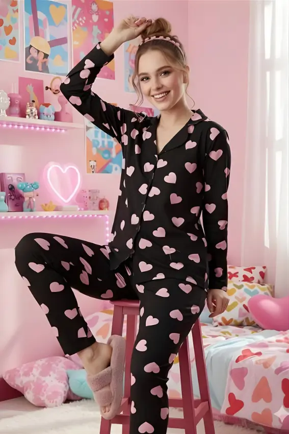 Heart Pattern Long Sleeve Pajama Set