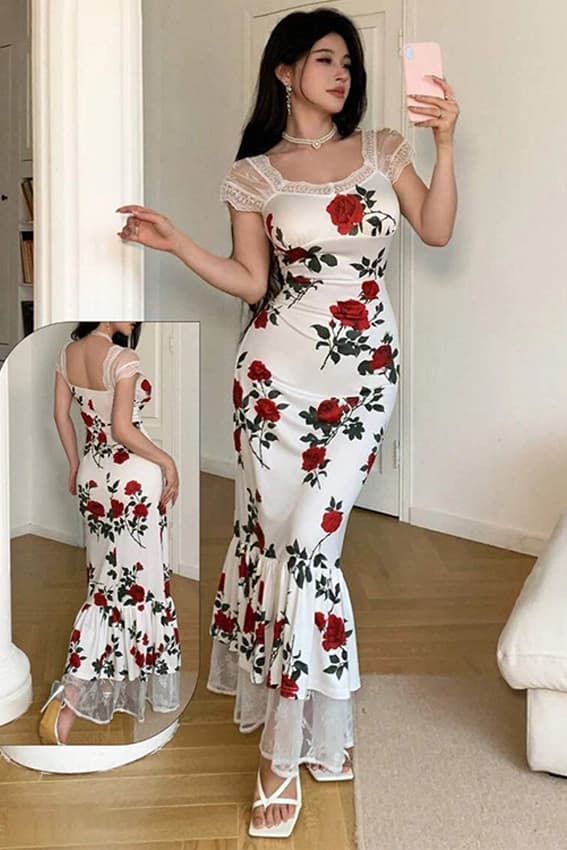 Elegant Floral Mesh Sleeve Dress