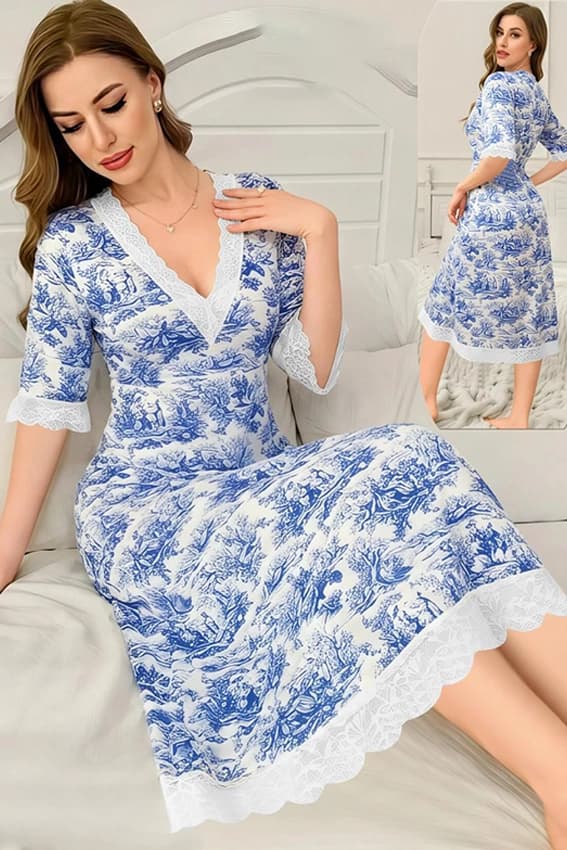 Elegant Blue Patterned Midi Dress