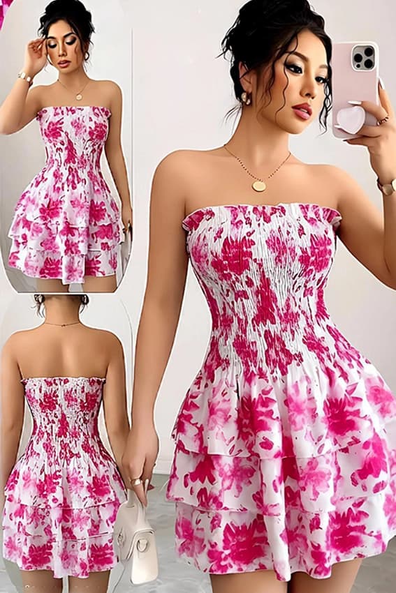 Floral Strapless Ruffled Mini Dress