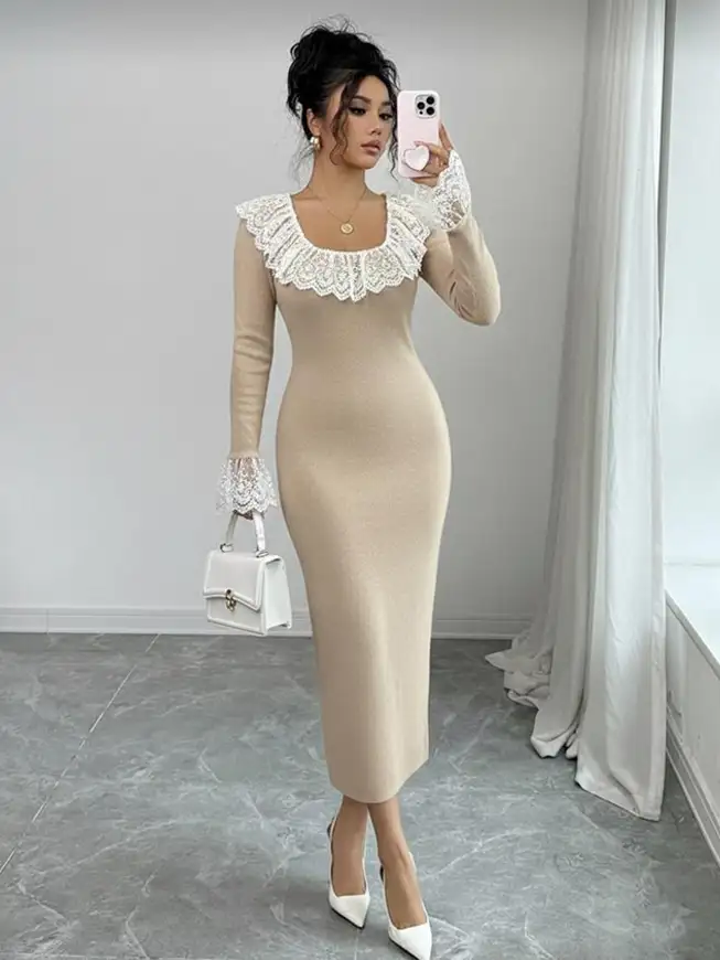 Elegant Lace Collar Long Dress