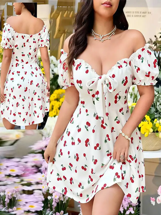 Cherry Print Off-Shoulder Dress